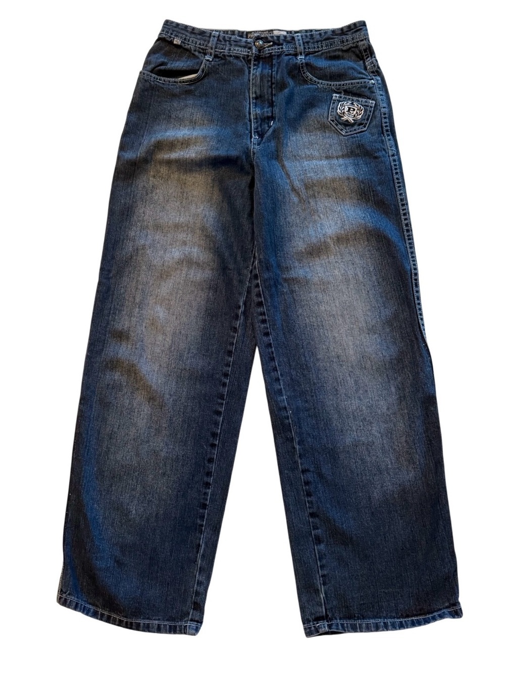 Vtg Phat Farm Jeans Sz 16 Wide Leg Baggy Y2K Blue Denim Embroidered Pockets
